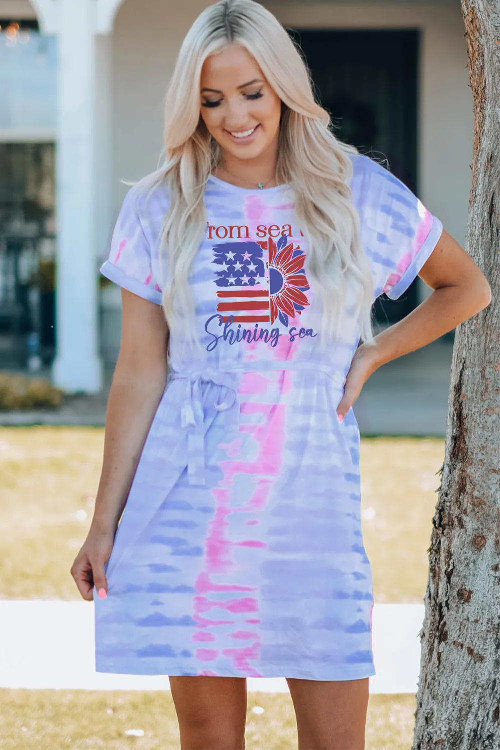 Multicolor American Flag Sunflower Tie Dye Print Adult Mini Dress