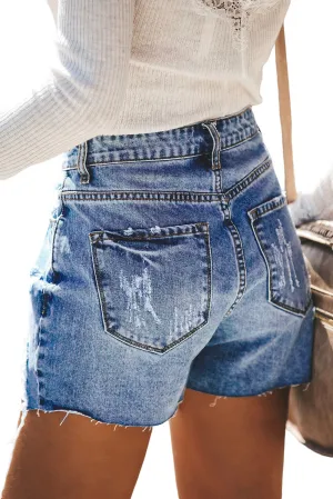 Multicolor Floral Splicing Button Fly Distressed Denim Shorts