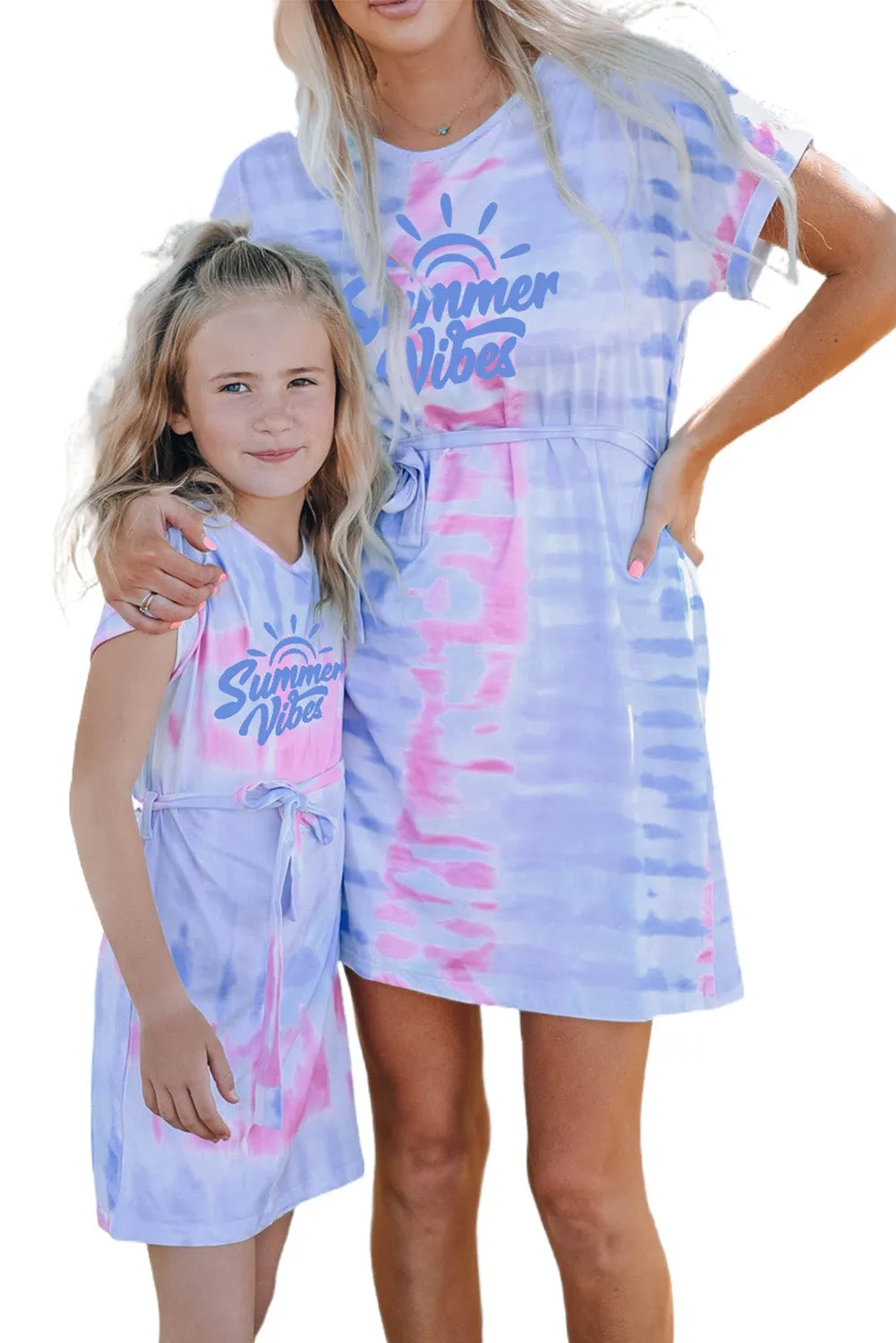 Multicolor Parent-child Matching Letter Tie Dye Print Short Sleeve Mini Dress