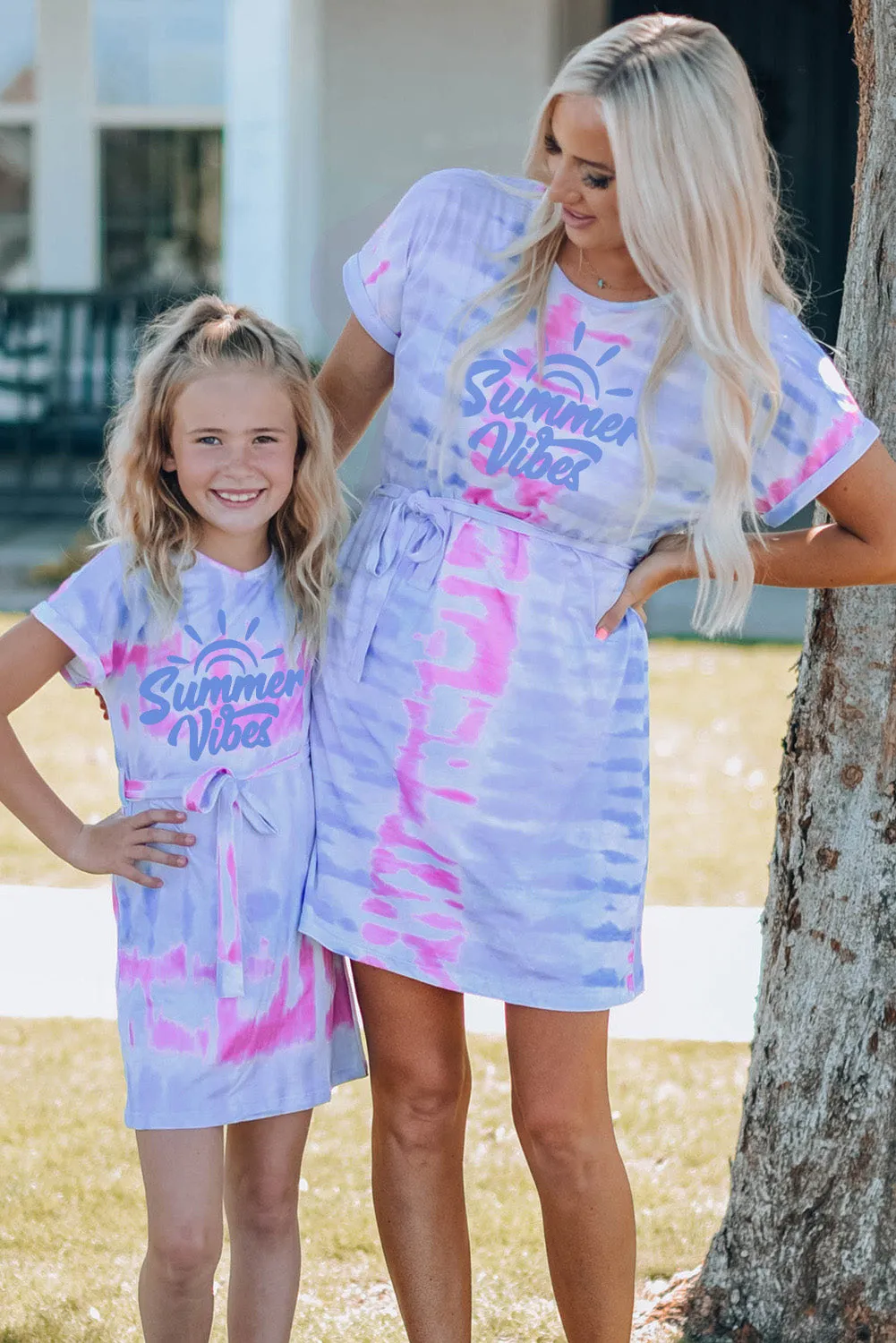Multicolor Parent-child Matching Letter Tie Dye Print Short Sleeve Mini Dress