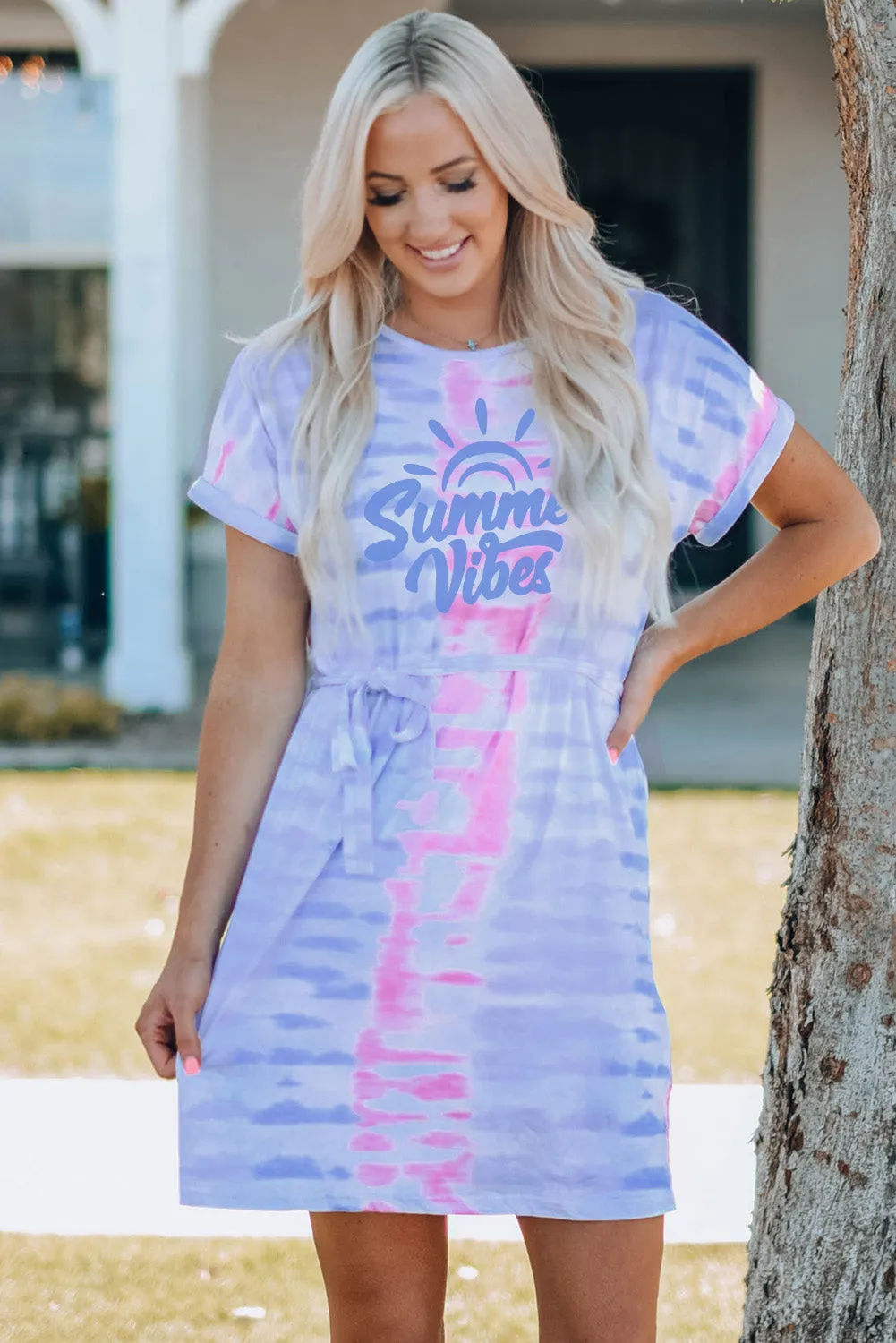 Multicolor Parent-child Matching Letter Tie Dye Print Short Sleeve Mini Dress