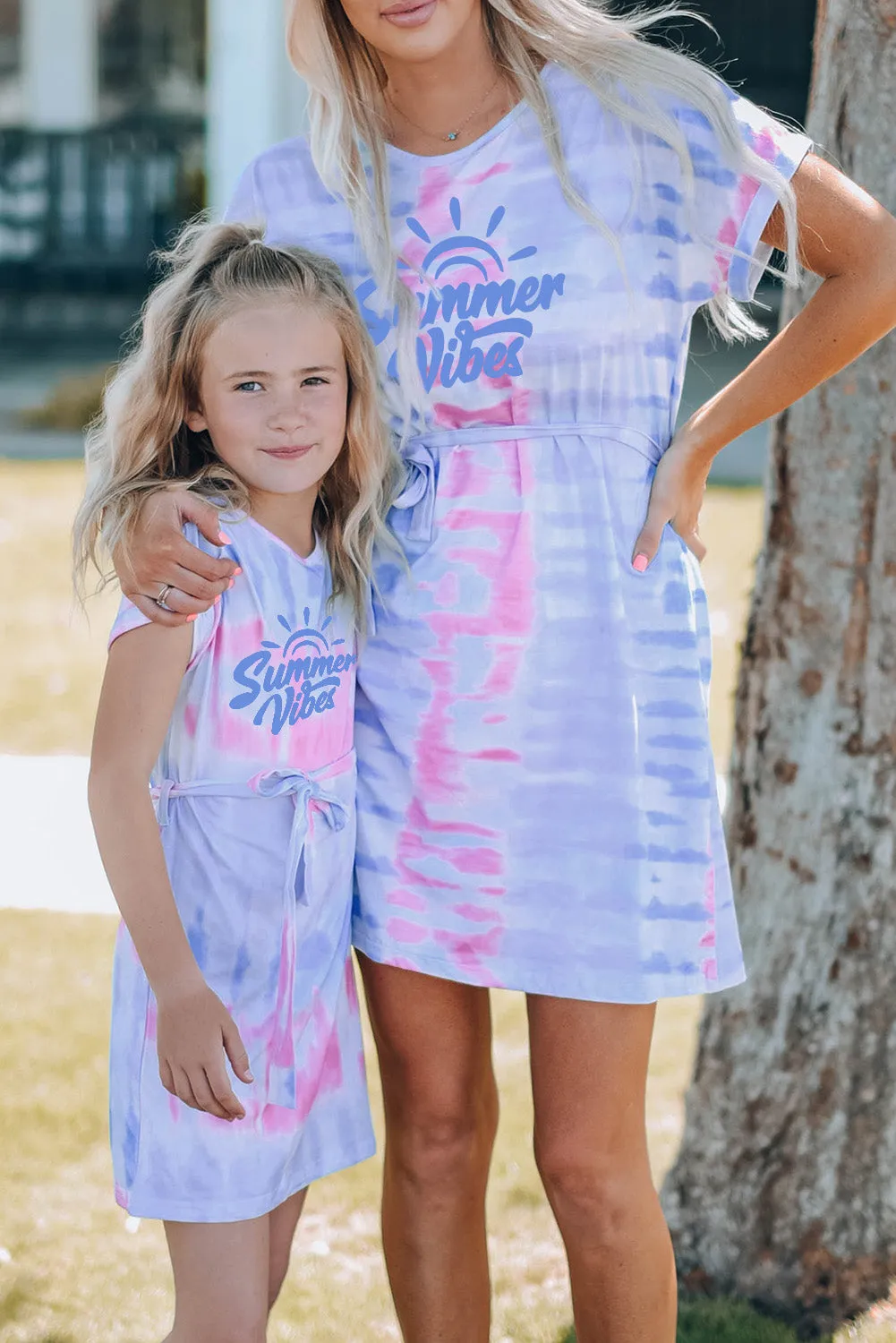 Multicolor Parent-child Matching Letter Tie Dye Print Short Sleeve Mini Dress