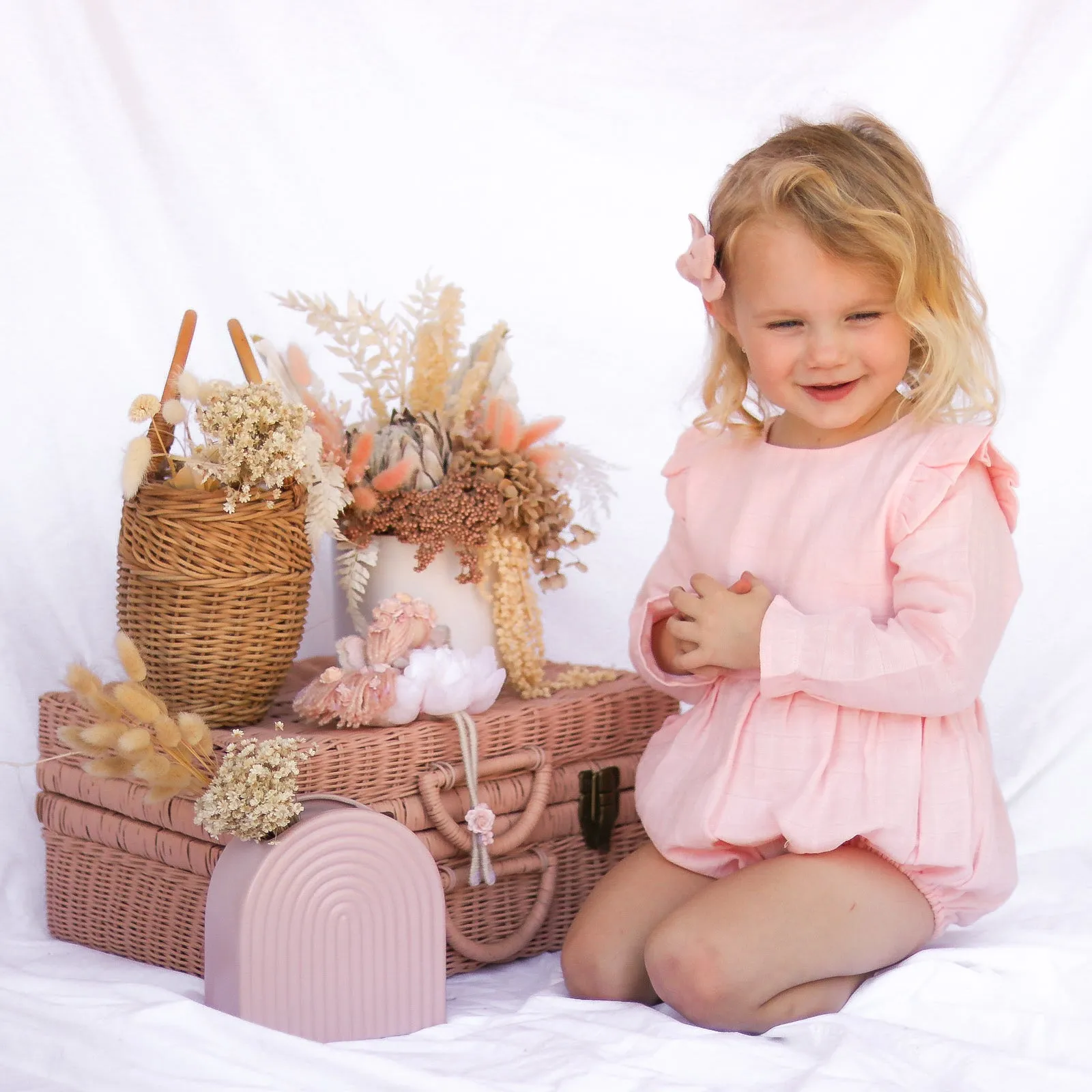 Muslin LS Bubble Romper - Peach Blossom