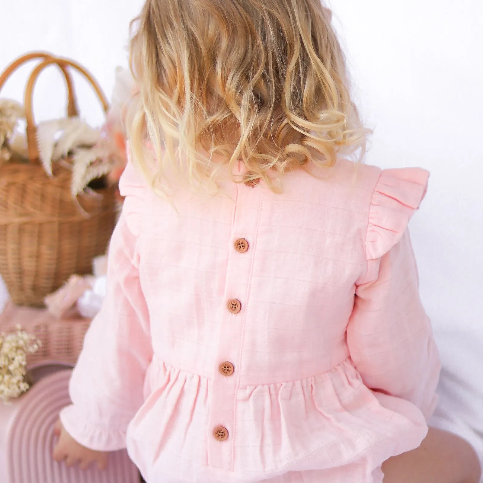 Muslin LS Bubble Romper - Peach Blossom