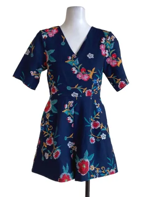 Navy Blue Floral V Neck Rompers