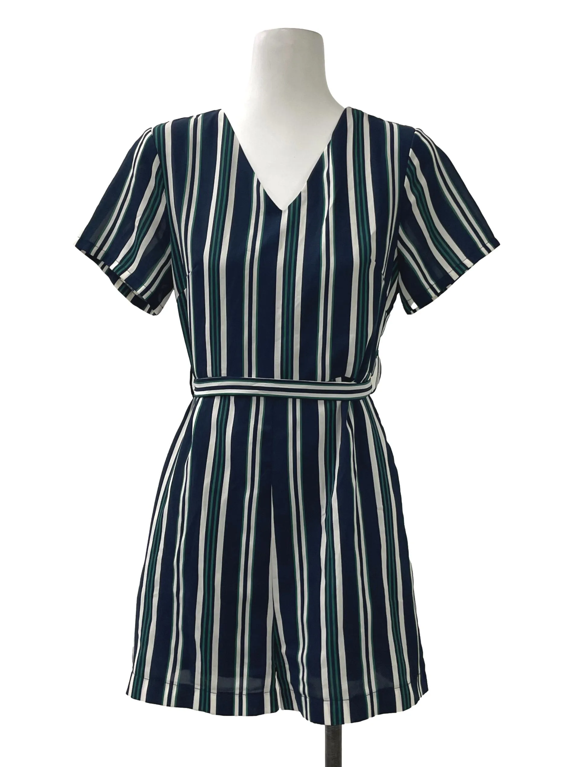 Navy V Neck Stripe Romper