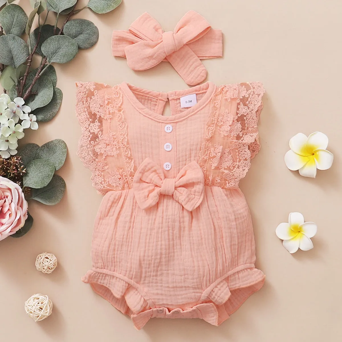 Newborn Baby Girl Plain Soft Lace Flared Sleeve Summer Bodysuit with Headband - Dark Green
