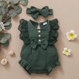 Newborn Baby Girl Plain Soft Lace Flared Sleeve Summer Bodysuit with Headband - Dark Green
