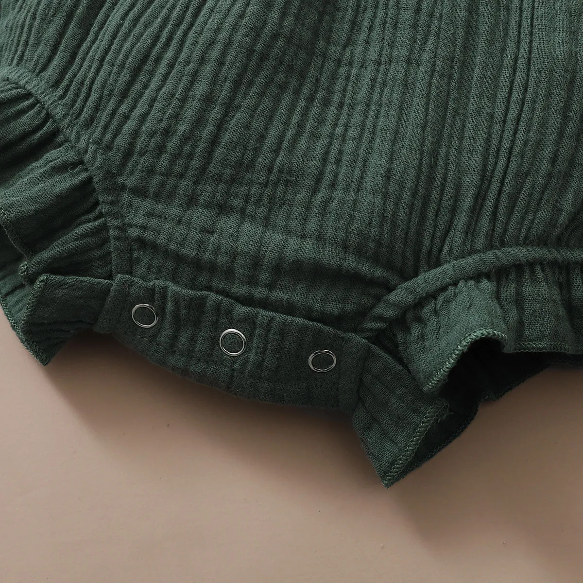 Newborn Baby Girl Plain Soft Lace Flared Sleeve Summer Bodysuit with Headband - Dark Green