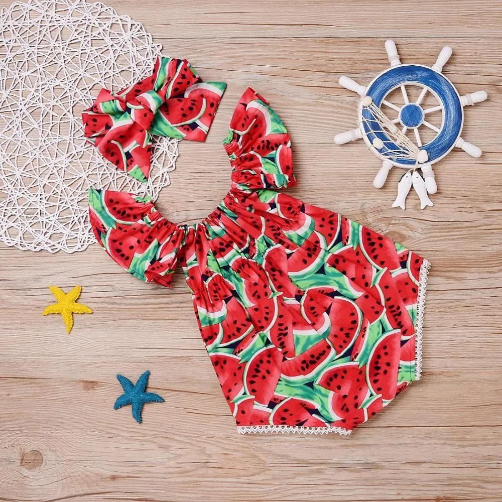 Newborn Baby Girls Watermelon Printed Sleeveless Bodysuit Sunset Jumpsuit Casual Clothes for Girls