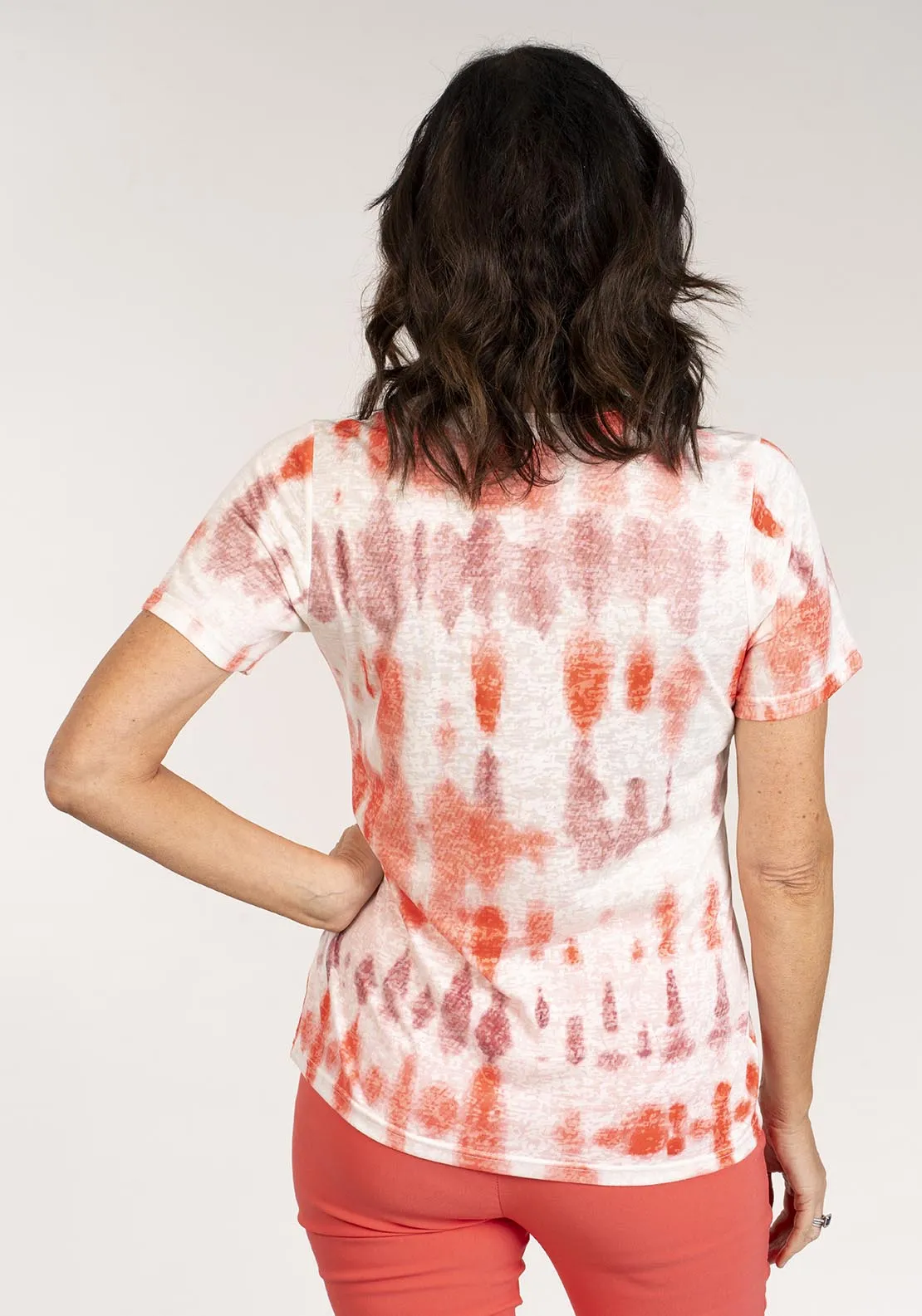 Notch Neck Tyedye Print Short Sleeve Top - Orange