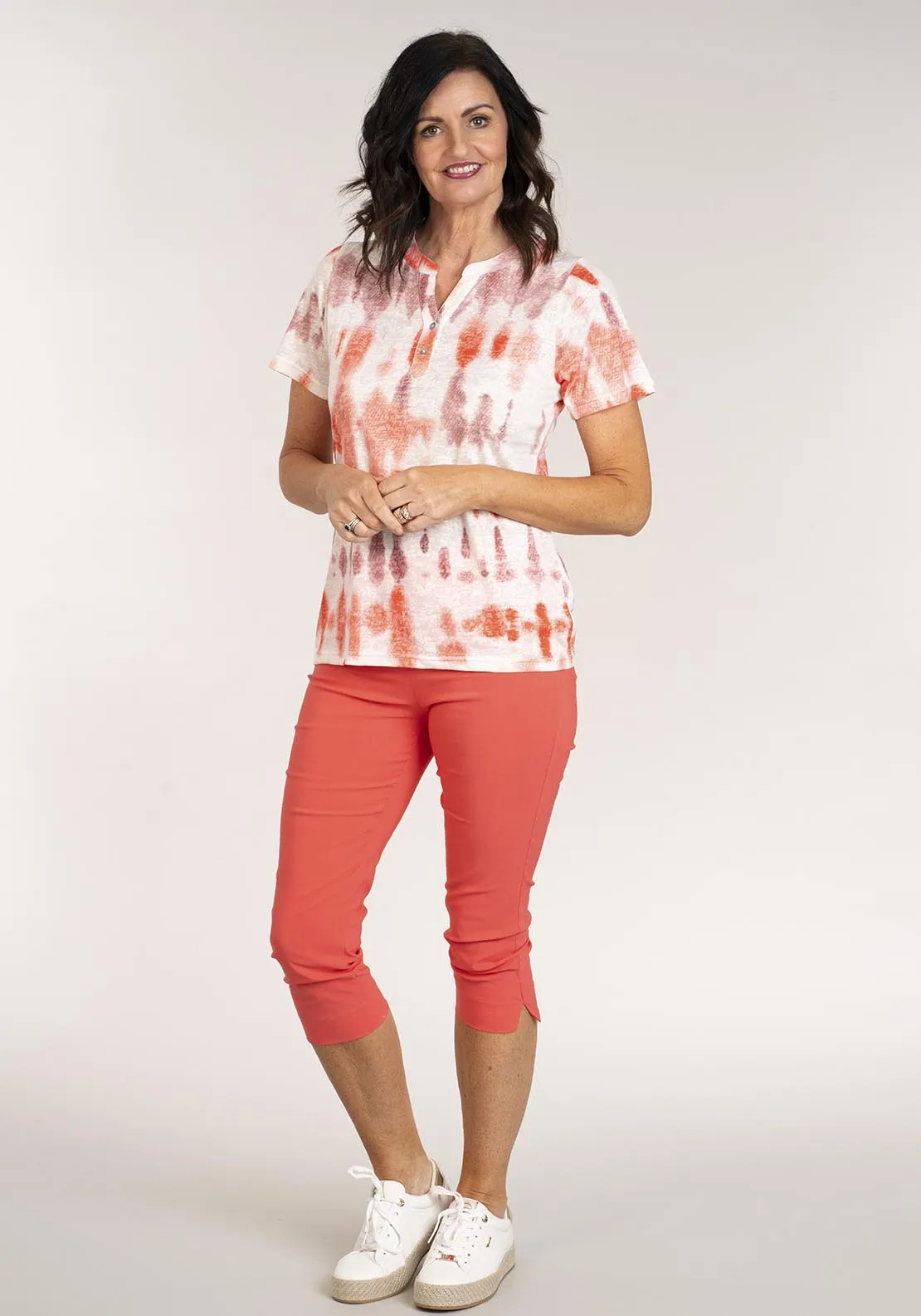 Notch Neck Tyedye Print Short Sleeve Top - Orange