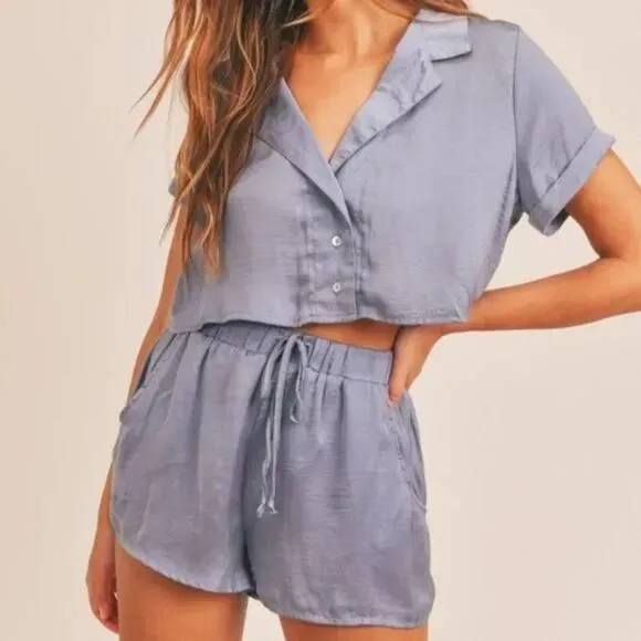 NWT Satin Button Down Crop Top &amp; Short Set