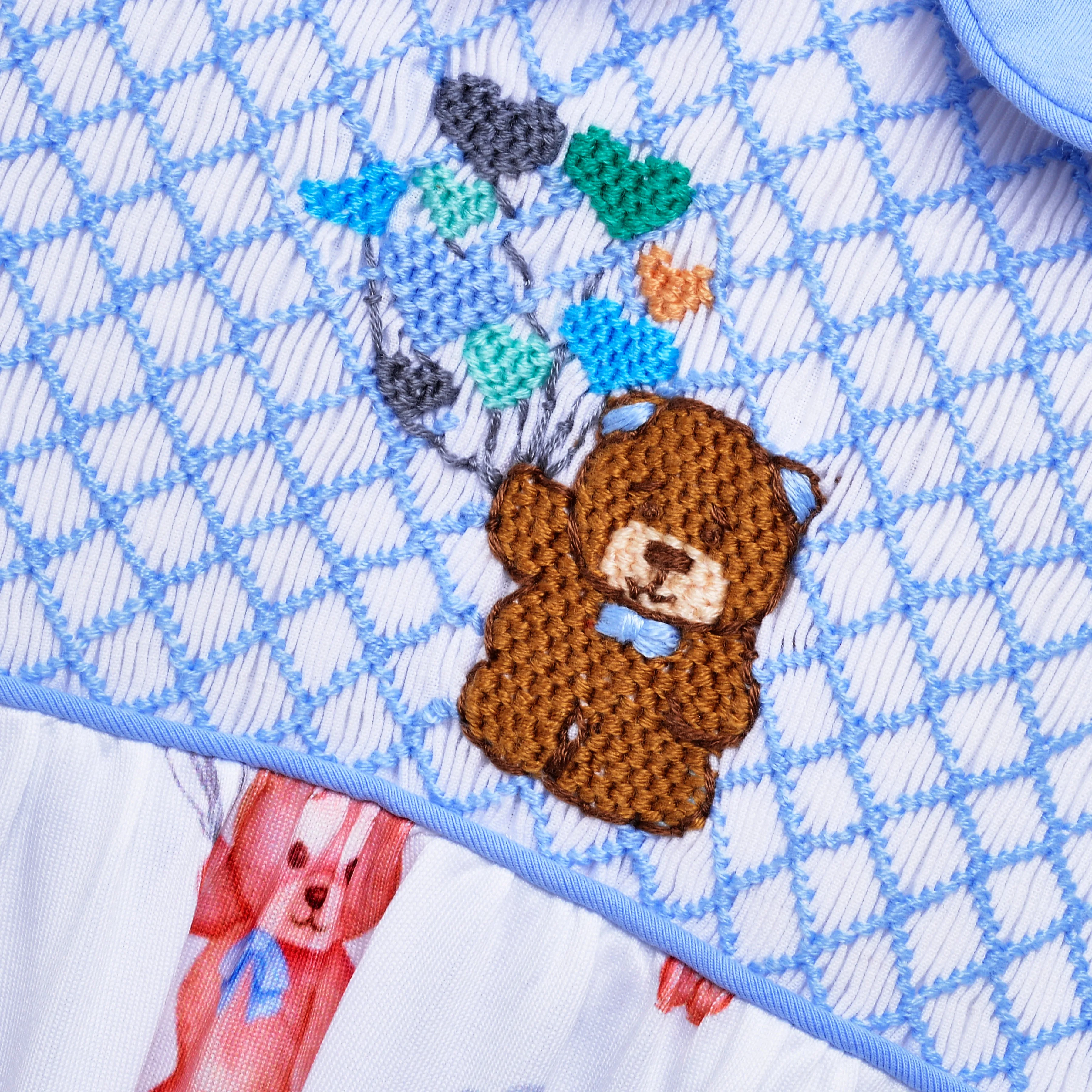 Ocean Baby Boys Blue Smocked Balloon Teddy Sleepsuit & Bib Set (NB-12M)