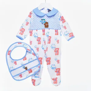 Ocean Baby Boys Blue Smocked Balloon Teddy Sleepsuit & Bib Set (NB-12M)