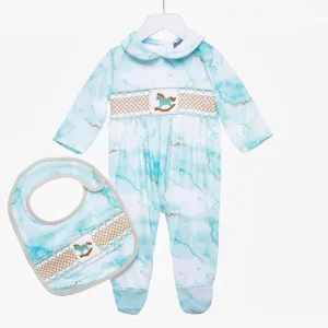 Ocean Baby Boys Smocked Mint Marble Effect Rocking Horse Sleepsuit & Bib Set (NB-12M)