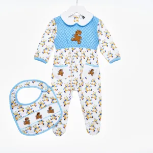 Ocean Baby Boys Smocked Teddy Sleepsuit & Bib Set (NB-12M)