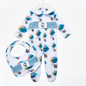 Ocean Baby Boys Smocked Watercolour Parachute Teddy Sleepsuit & Bib Set (NB-12M)