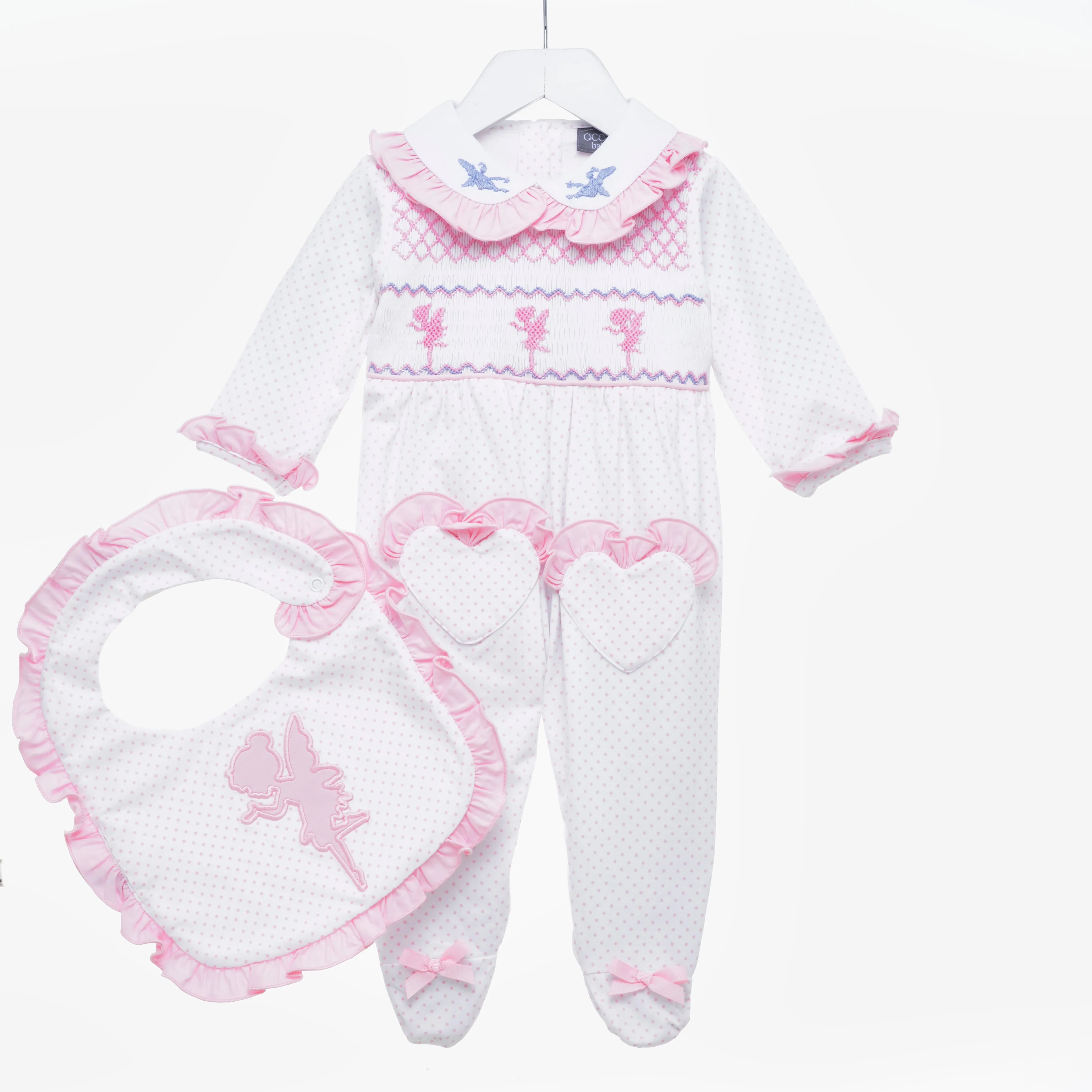 Ocean Baby Polka Dot Smocked Fairy Themed Sleepsuit & Frilly Bib Set (NB-18M)