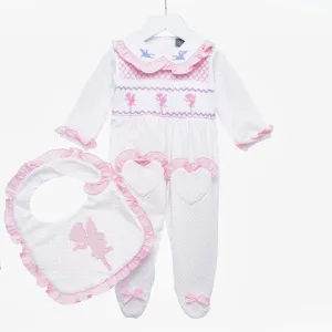 Ocean Baby Polka Dot Smocked Fairy Themed Sleepsuit & Frilly Bib Set (NB-18M)