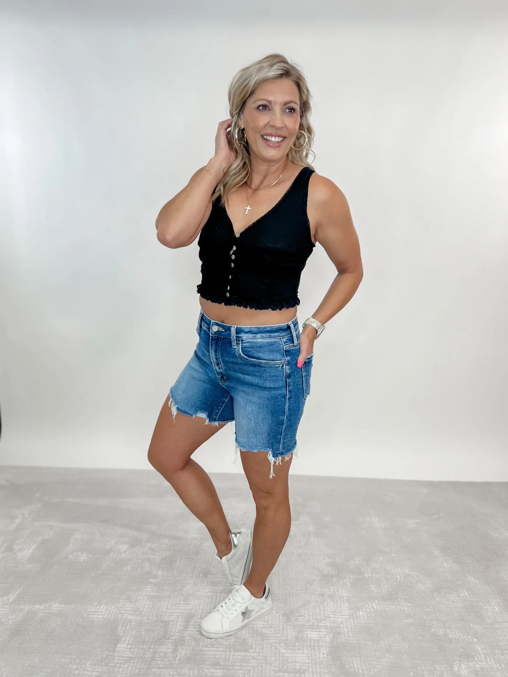 Off Duty High Rise Boyfriend Fit Shorts, Medium Wash