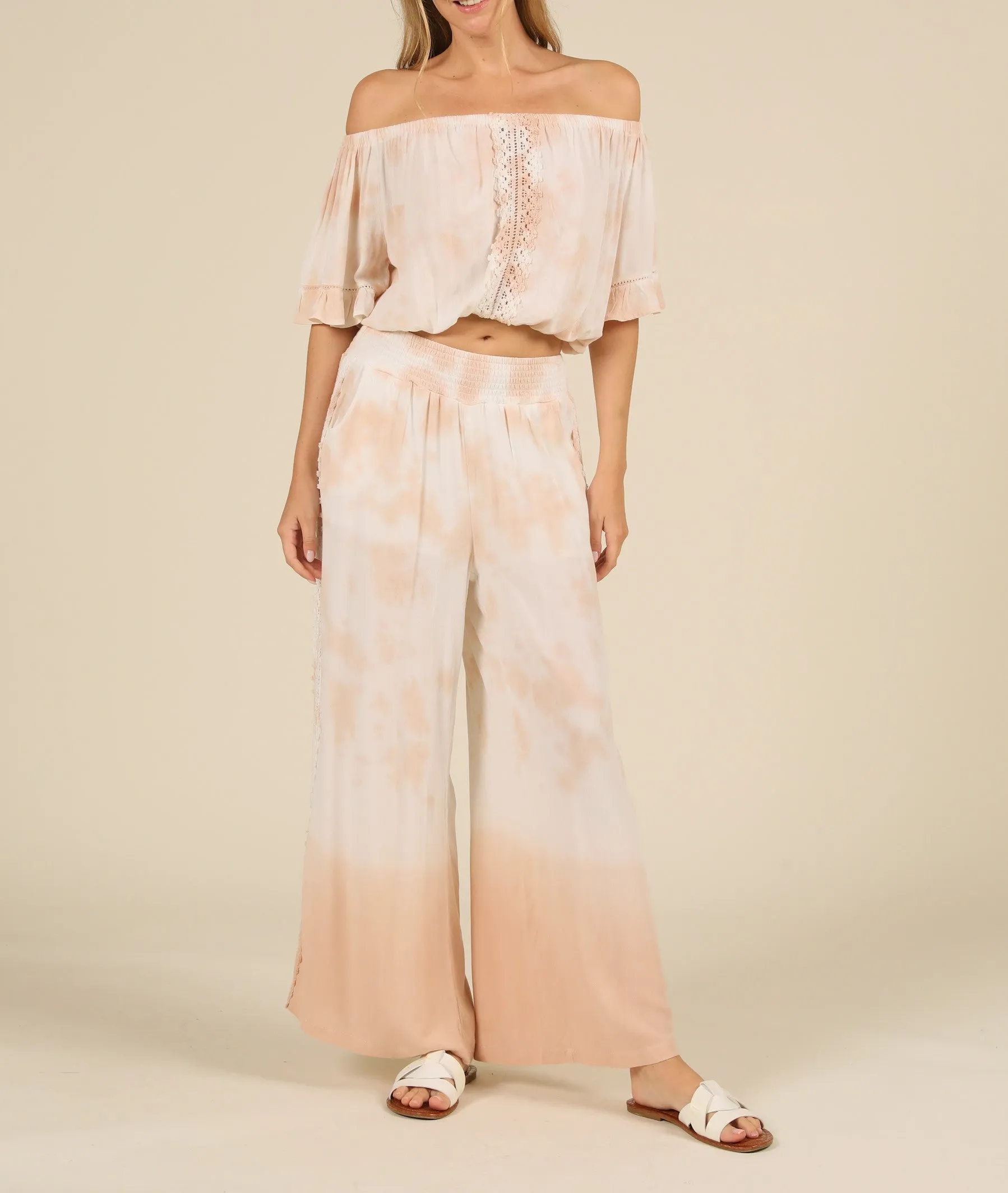 Off the Shoulder Tie Dye Macramé Crop Top