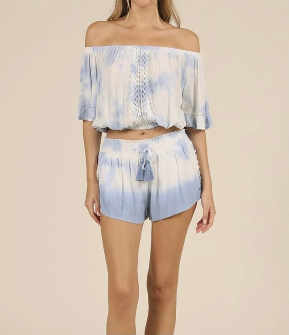 Off the Shoulder Tie Dye Macramé Crop Top