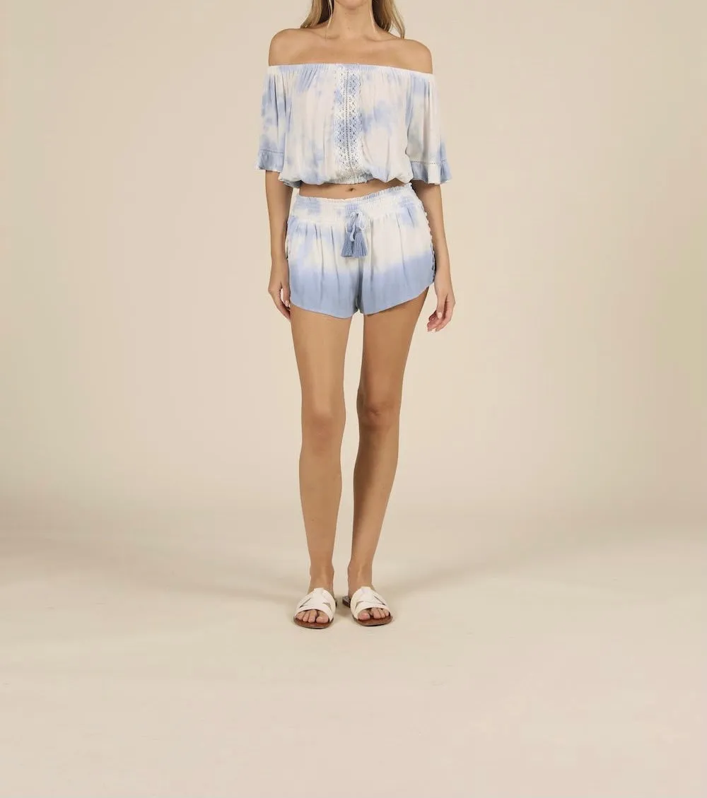 Off the Shoulder Tie Dye Macramé Crop Top