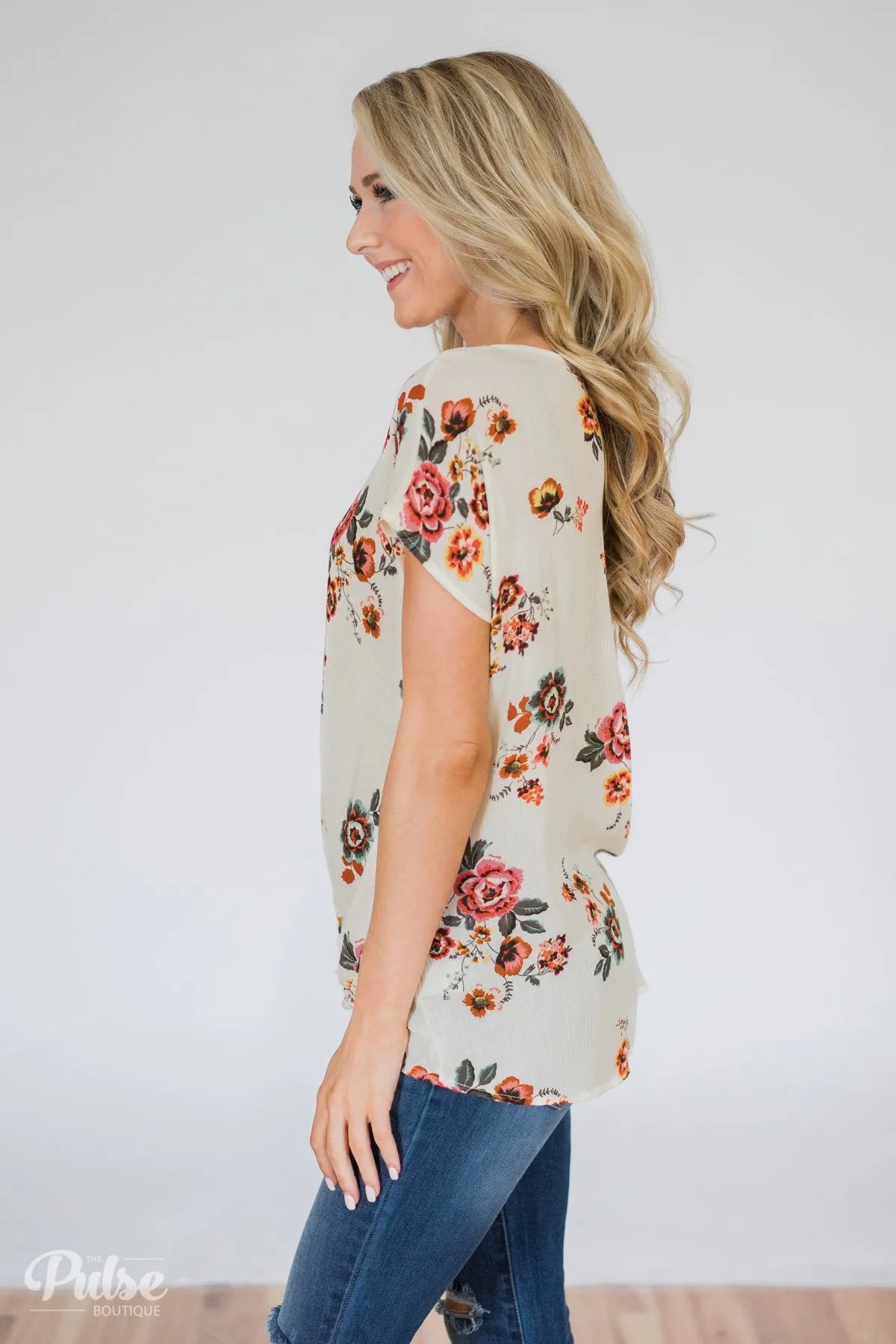 Once in a Lifetime Floral Knot Top- Cream