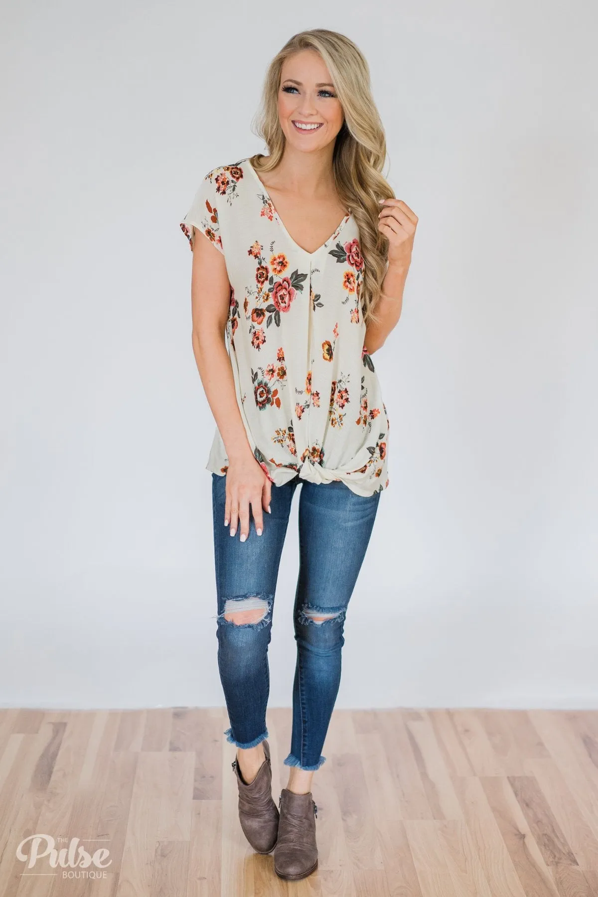Once in a Lifetime Floral Knot Top- Cream