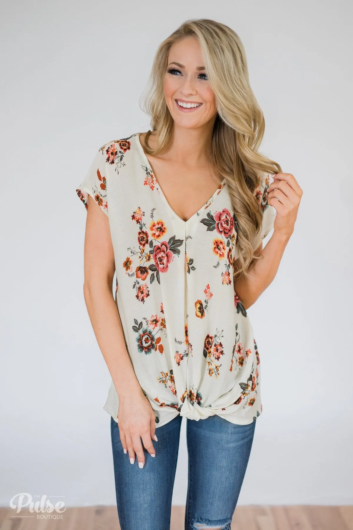 Once in a Lifetime Floral Knot Top- Cream