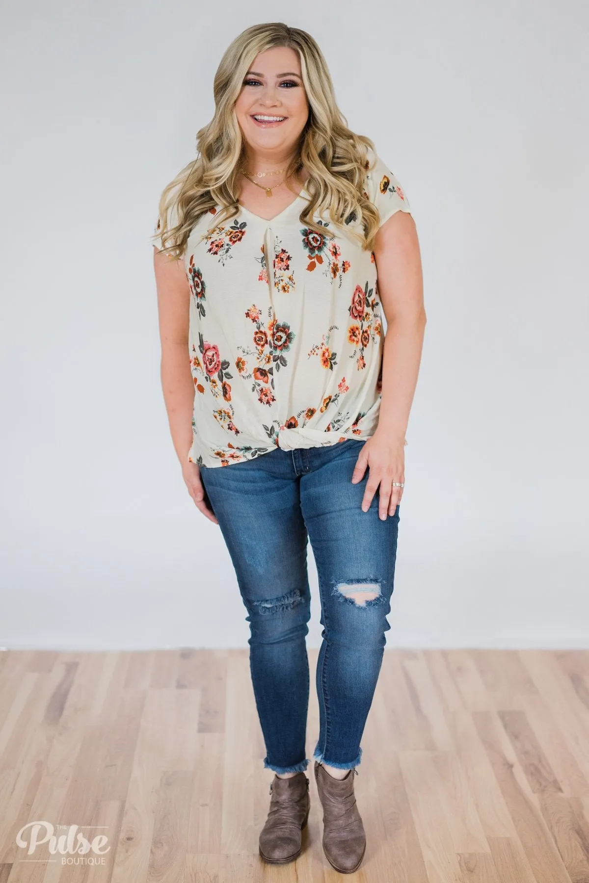 Once in a Lifetime Floral Knot Top- Cream