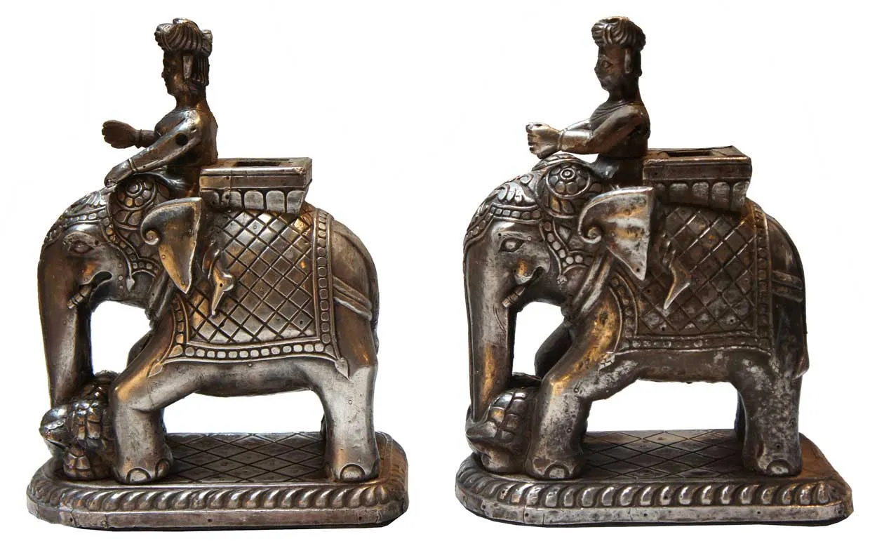 Pair of Indian Silver Sheet over Teak Elephants and Riders