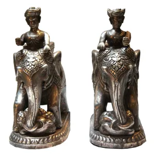 Pair of Indian Silver Sheet over Teak Elephants and Riders