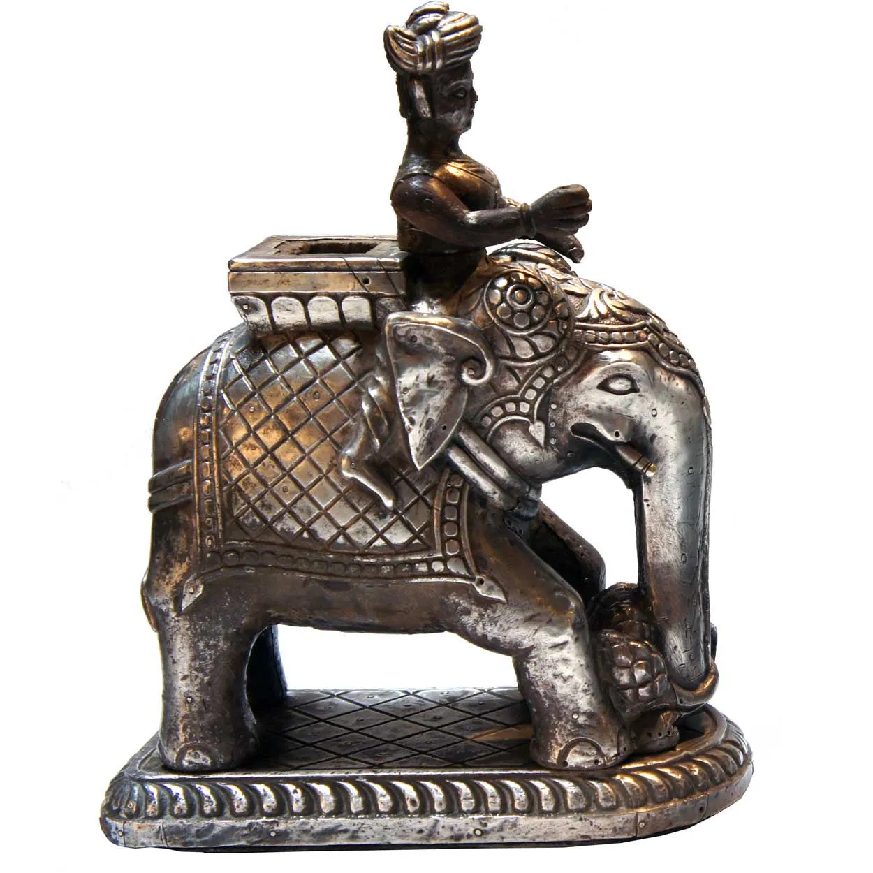 Pair of Indian Silver Sheet over Teak Elephants and Riders
