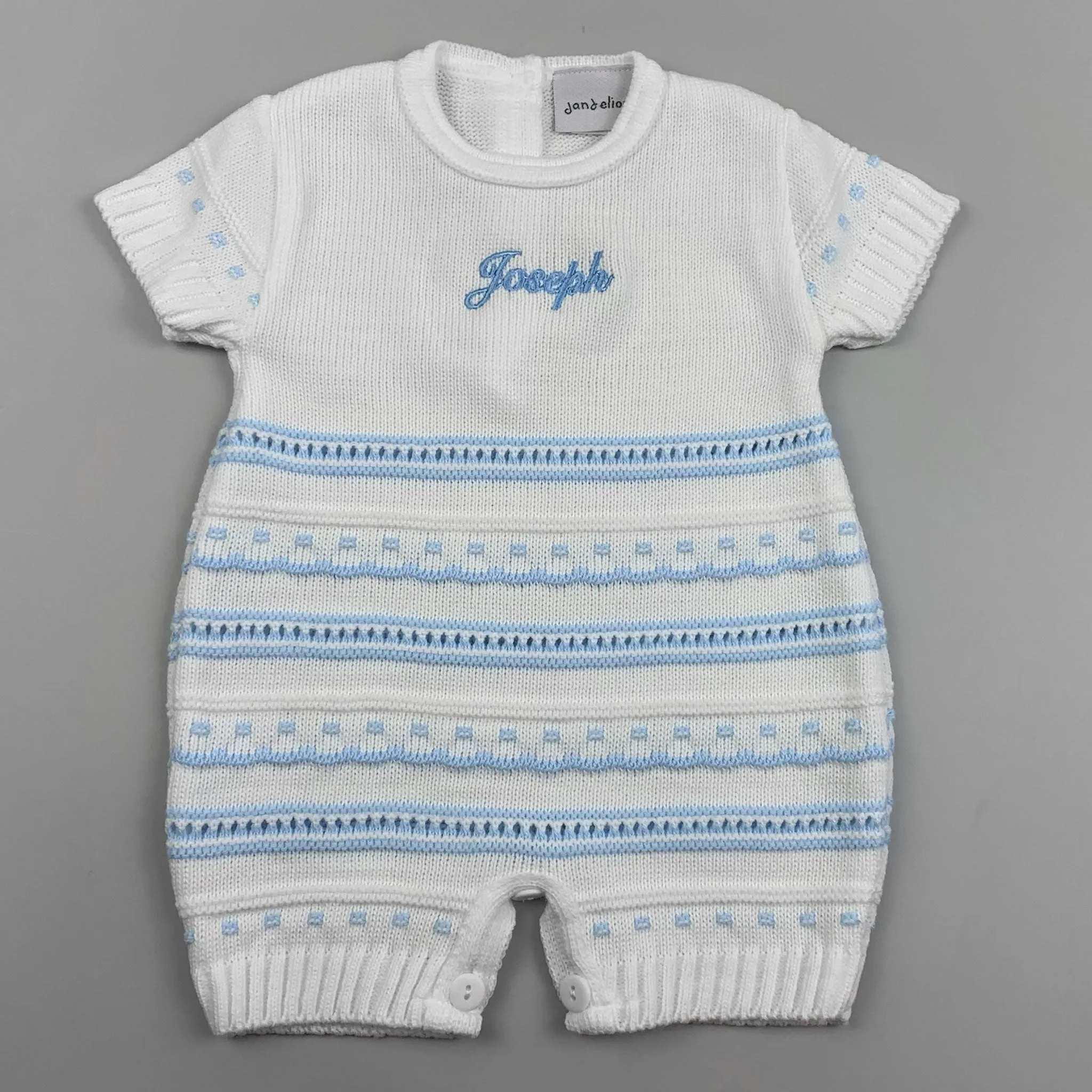 Personalised Baby Boy Knitted Romper - White / Blue