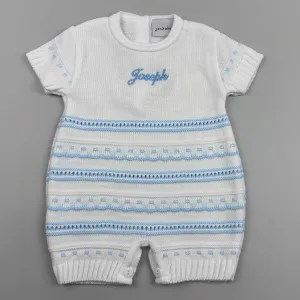 Personalised Baby Boy Knitted Romper - White / Blue