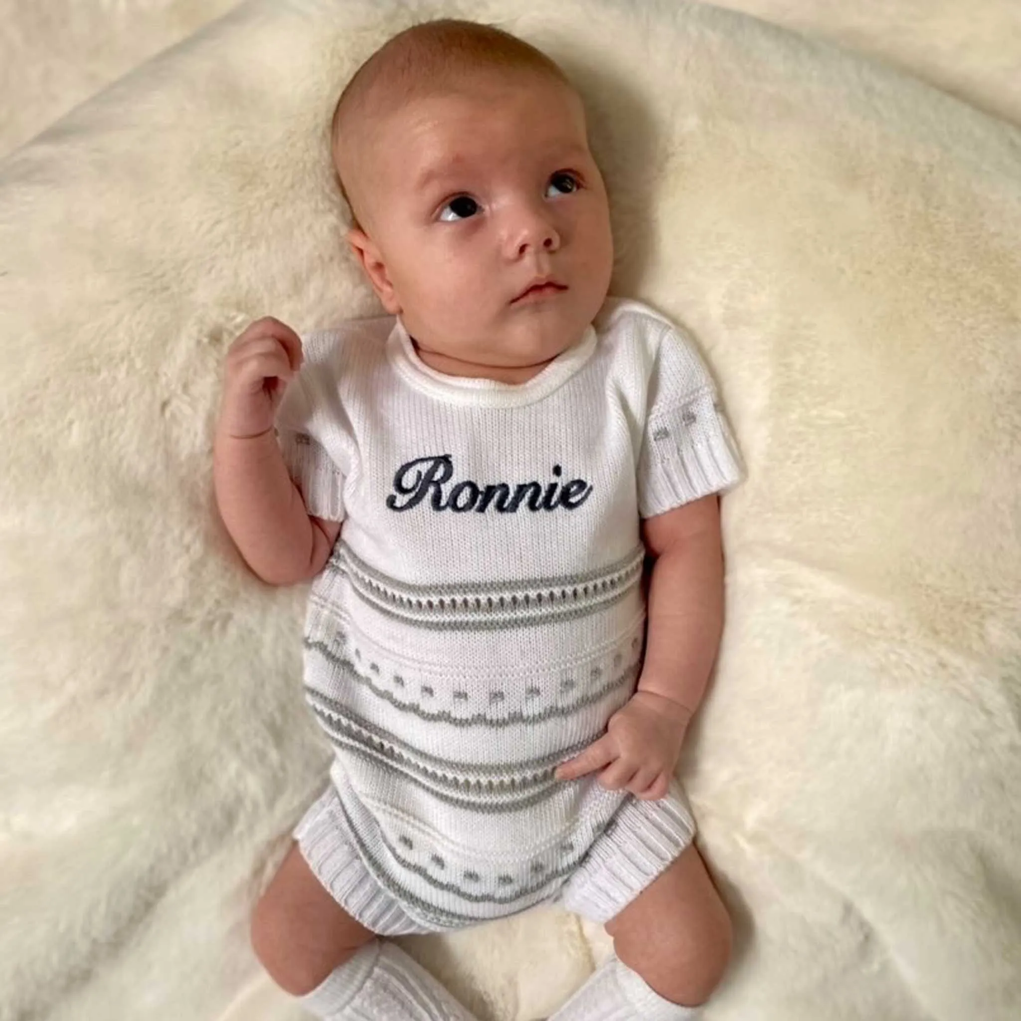 Personalised Baby Boy Knitted Romper - White / Grey