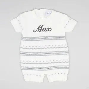 Personalised Baby Boy Knitted Romper - White / Grey