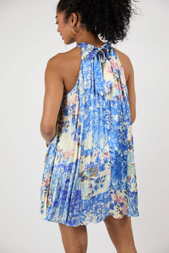 Petal Perfection Blue Multi Halter Neck Printed Mini Dress