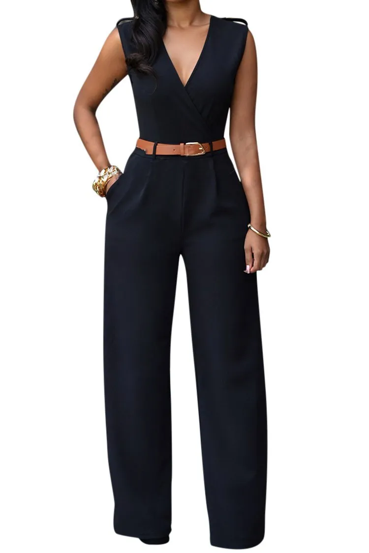 Pink Queen Women's Elegant V Neck Long Loose Belted Rompers Jumpsuits Black