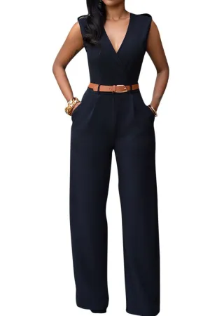 Pink Queen Women's Elegant V Neck Long Loose Belted Rompers Jumpsuits Black