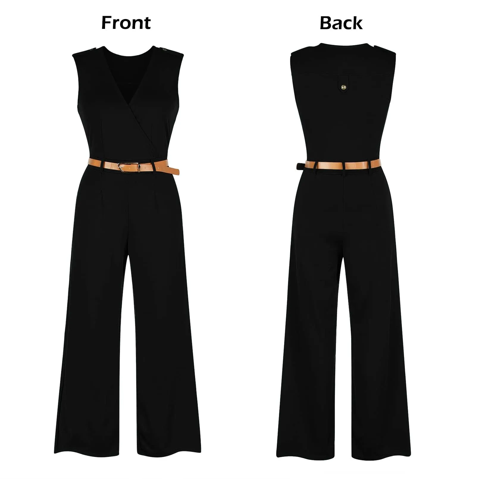Pink Queen Women's Elegant V Neck Long Loose Belted Rompers Jumpsuits Black