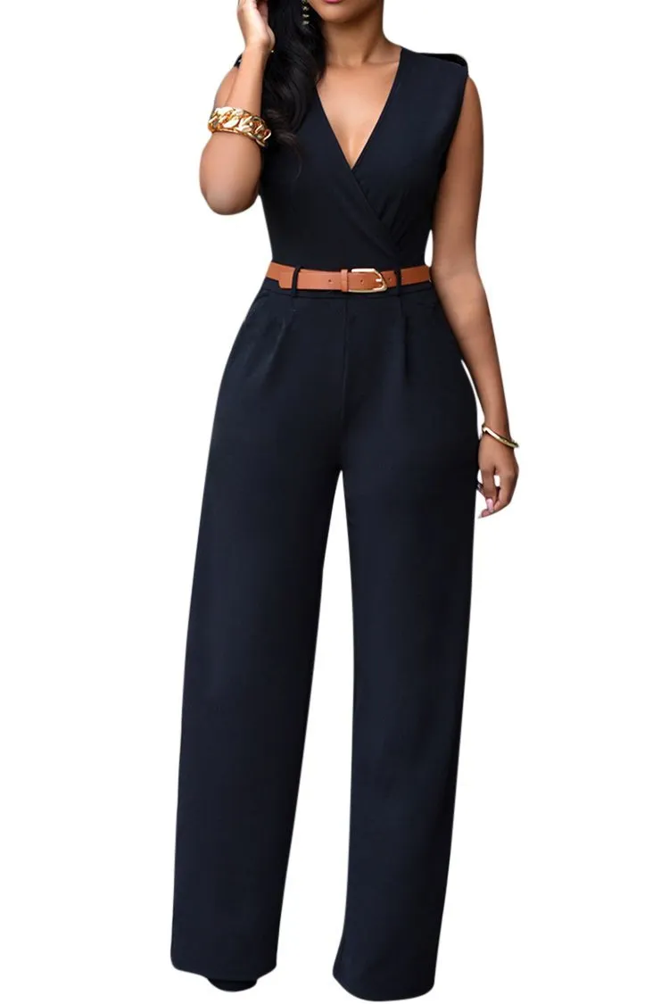 Pink Queen Women's Elegant V Neck Long Loose Belted Rompers Jumpsuits Black