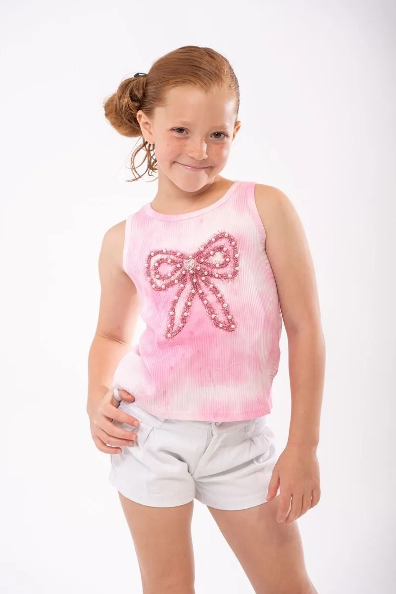 Pink Tie Dye Tank w/Bow Embellishment