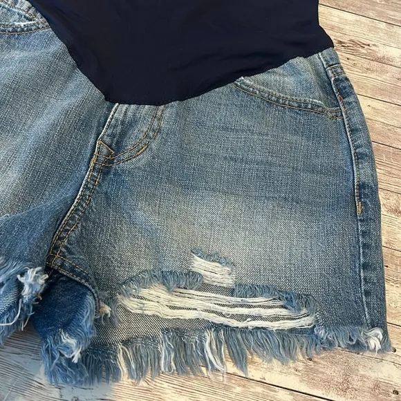 Pinkblush Full Belly Panel Distressed Raw ChewedHem Denim Maternity Jean Shorts