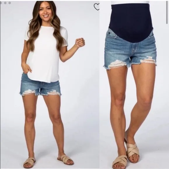 Pinkblush Full Belly Panel Distressed Raw ChewedHem Denim Maternity Jean Shorts