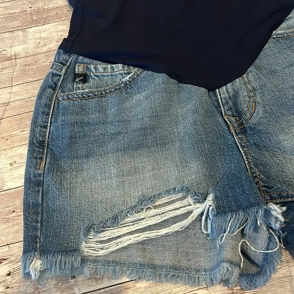 Pinkblush Full Belly Panel Distressed Raw ChewedHem Denim Maternity Jean Shorts