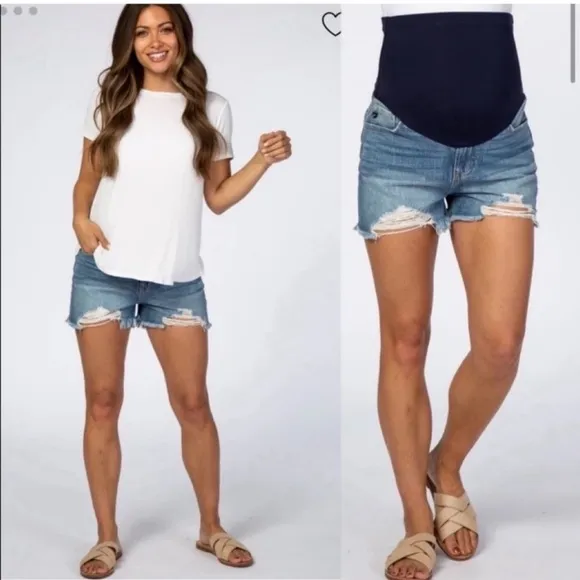 Pinkblush Full Belly Panel Distressed Raw ChewedHem Denim Maternity Jean Shorts