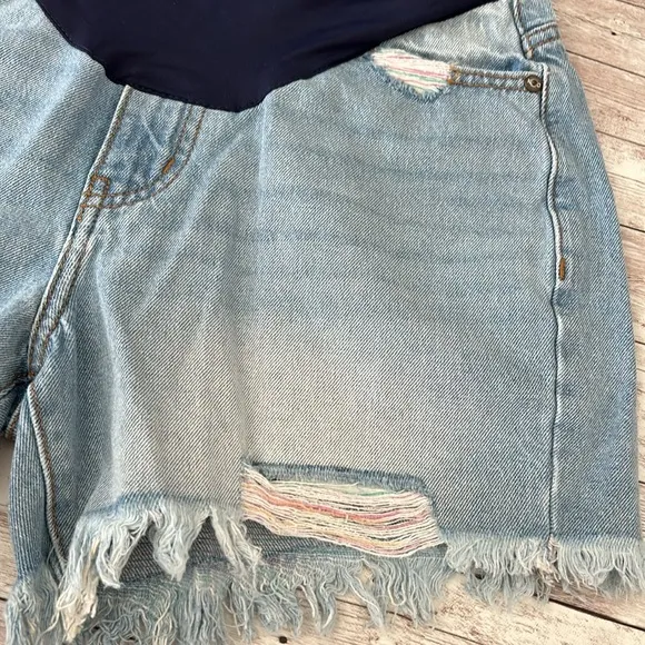 Pinkblush Medium Wash Distressed Rainbow Thread Full Panel Maternity Jean Shorts